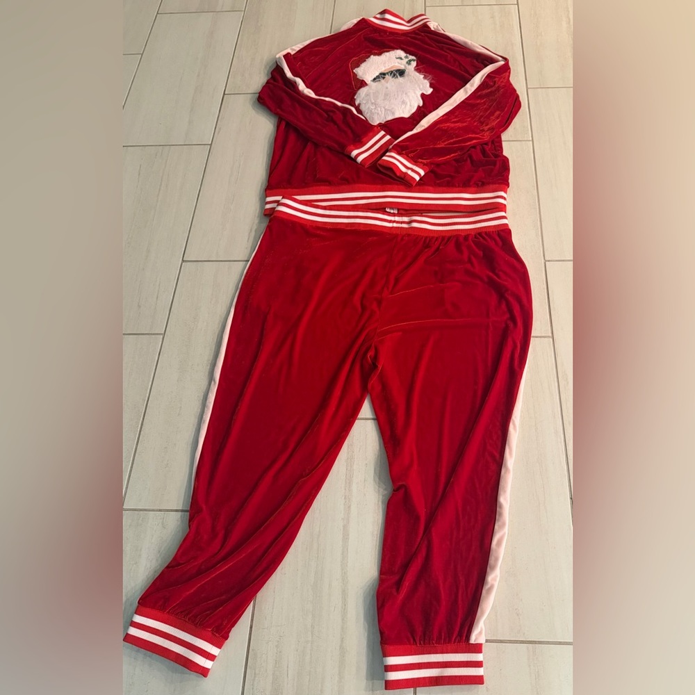 Christmas 2 piece suit for men Red Velour Tracksuit with White Stripe
